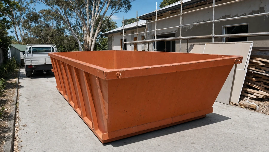 An empty orange skip bin sitting lengthways on the driveway of a Hunter renovation site, scaffolding, stacked timber offcuts and plasterboard sheets behind it and a tradesman's ute parked up the drive