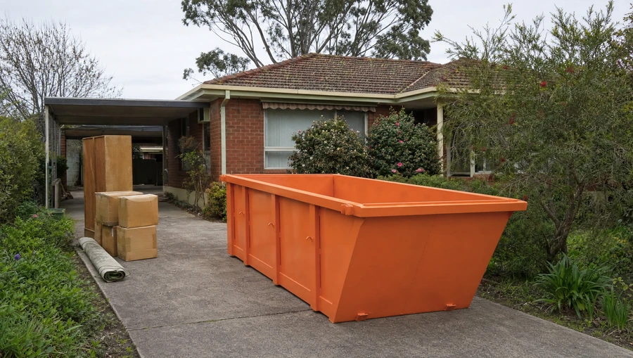 A large empty orange skip bin sitting lengthways on the driveway of an older brick-and-tile Hunter home, cartons and a timber wardrobe stacked alongside ready to go in