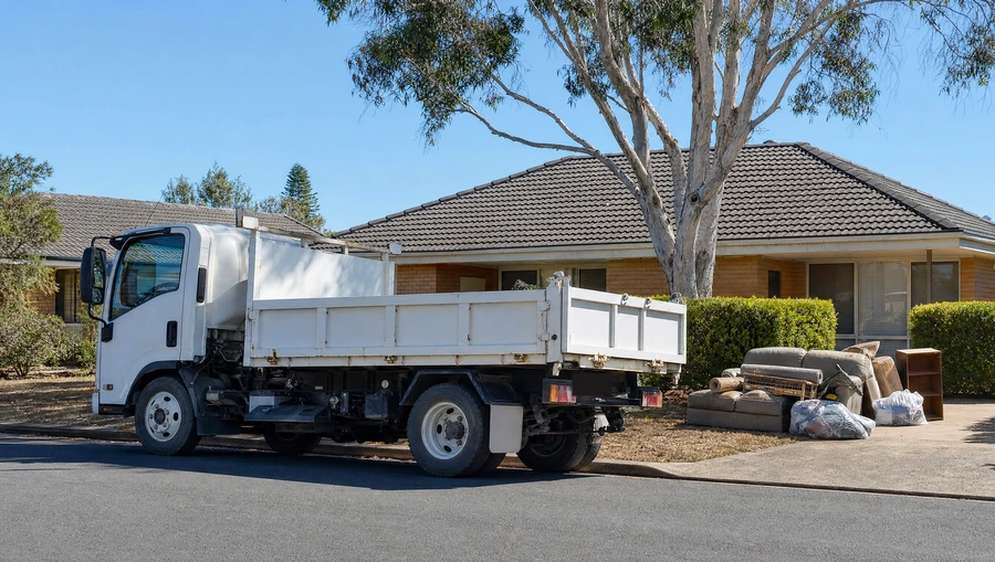 A tipper truck parked outside a Hunter home with an old couch, rolled carpet and bagged household junk stacked on the driveway ready to be loaded