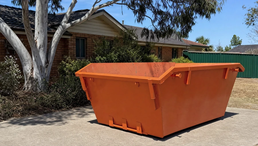 An empty orange skip bin sitting lengthways on the concrete driveway of a suburban brick-and-tile Hunter home, a gum tree overhead