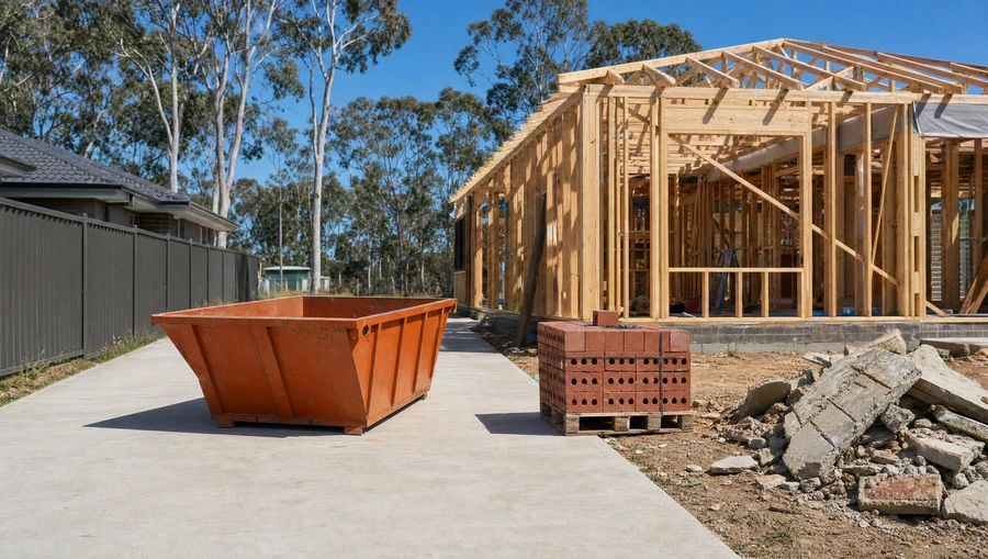 A small empty orange skip bin sitting lengthways on the driveway of a Hunter building site, a pallet of bricks and a pile of broken concrete beside it and a timber house frame behind