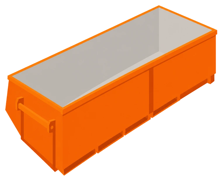Illustration of a 10 cubic metre orange hook-lift bin, the longest and tallest in the range, square-sided rather than tapered