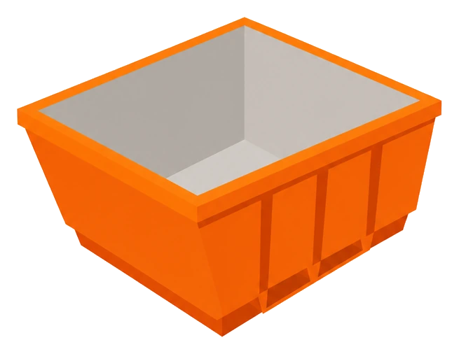 Illustration of a 2 cubic metre orange skip bin, the smallest and most compact in the range, seen from a raised three-quarter angle