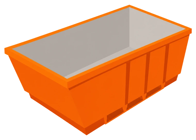 Illustration of a 3 cubic metre orange skip bin, a small step longer than the mini, seen from a raised three-quarter angle