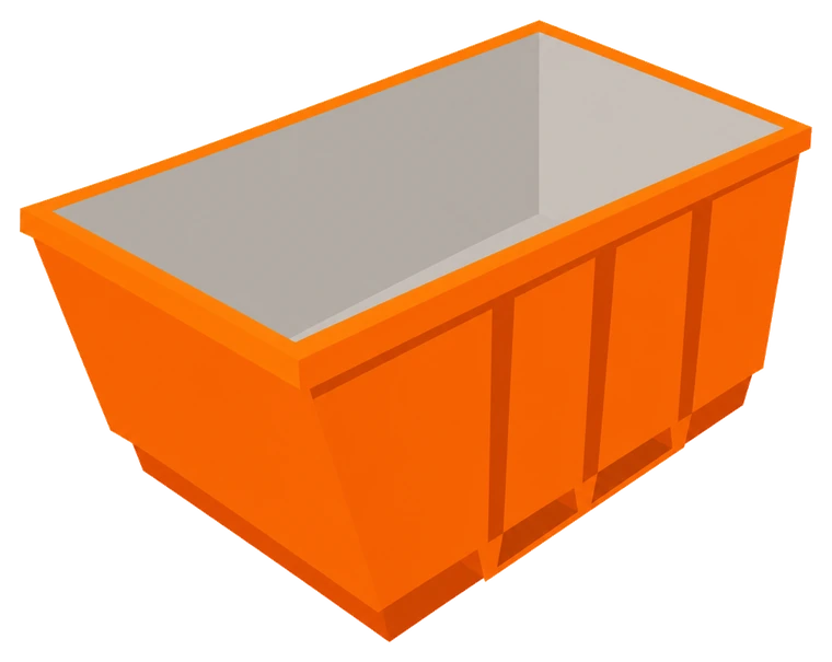 Illustration of a 4 cubic metre orange skip bin, the mid-range size, seen from a raised three-quarter angle