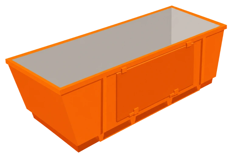 Illustration of an 8 cubic metre orange skip bin with a drop-down walk-in door, longer again with noticeably taller walls